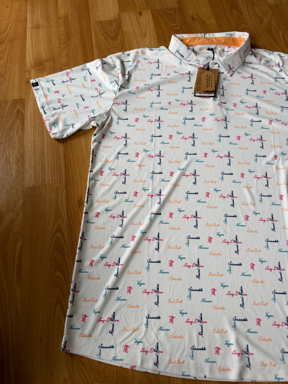 Swannies Golf NWT “Barber Polo” men’s shirt white with words on it size XXL